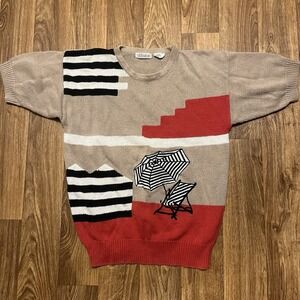 Vintage Albee Sweater Women Small Brown Embroidered Abstract Beach‎ Preppy 90s